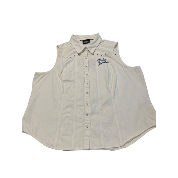 Harley-Davidson Sleeveless White Button-Up Shirt, Embroidered Front & Back, XL - Picture 5 of 11